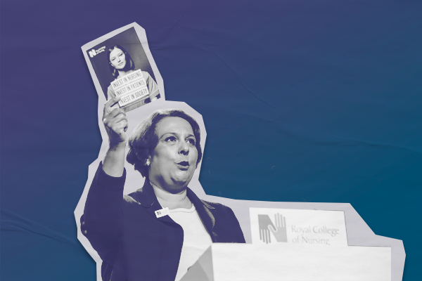 Image of Nicola Ranger holding up the RCN 2024 manifesto on a blue background