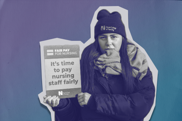 An RCN member with a sign that says it's time to pay nursing staff fairly