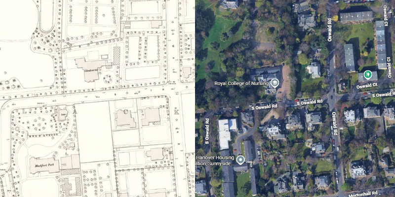 A map of South Oswald Road in 1890s beside a modern map of South Oswald Road