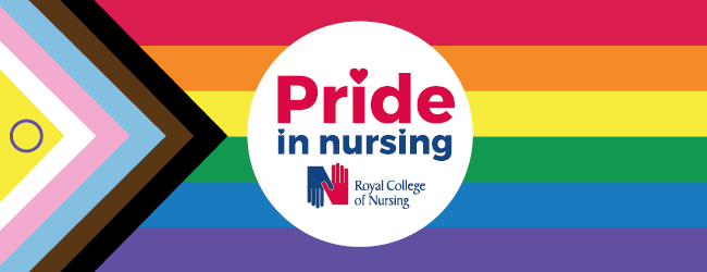 The Intersex Inclusive Progress Pride Flag. The Progress Pride flag design with an added yellow triangle and a purple circle in the center, overlapping the chevrons on the left. Centred over flag: a white circle with "Pride in nursing" and Royal College of Nursing logo