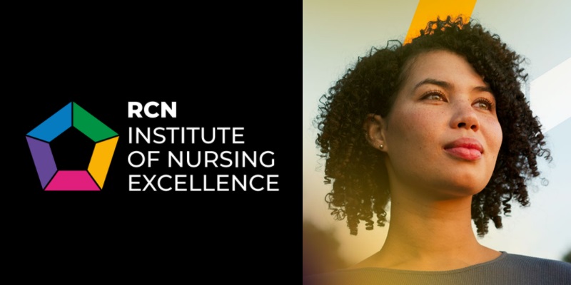 A photo of a smiling woman beside the RCN Institute of Nursing Excellence logo 