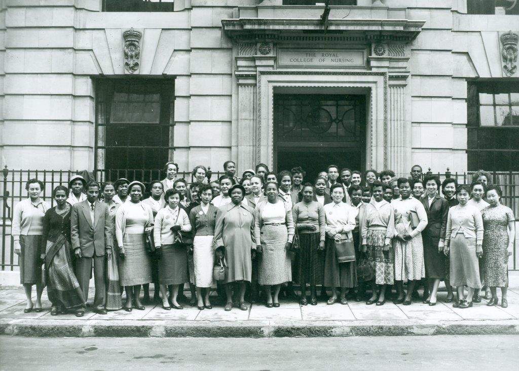 International students outside the RCN College entrance 1957