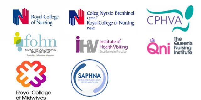 Logos of organisations supporting this webinar on Professional Regulation: Royal College of Nursing (RCN), Institute of Health Visiting (iHV), Community Practitioners' and Health Visitors' Association (CPHVA),School and Public Health Nurses Association (SAPHNA),The Queen's Nursing Institute (QNI) and The Royal College of Midwives (RCM),