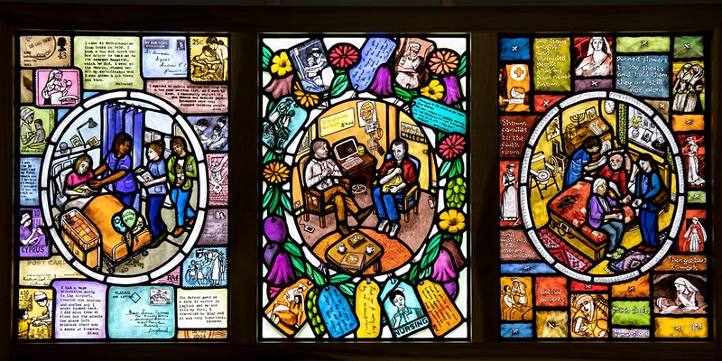 Nursing Life Triptych stained glass by Rachel Mulligan