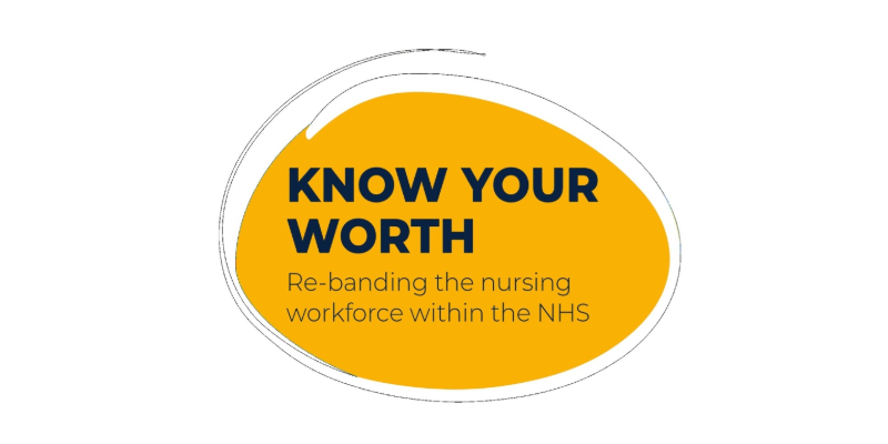 A fine paintbrush-like swirl around an orange landscape oval with the words 'KNOW YOUR WORTH' in navy capital letters over two lines and then thinner smaller font saying 'Re-banding the nursing workforce within the NHS'