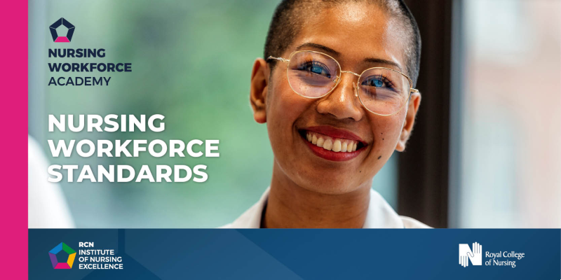 headshot of smiling female nursing staff member with the following text 'nursing workforce standards', 'nursing workforce academy' 