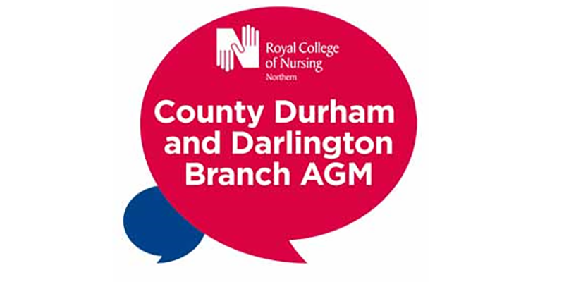 The words 'County Durham and Darlington Branch AGM' in white font underneath a white RCN Northern region logo inside a big red speech bubble, the speech coming from the bottom right, overlapping and laid over a smaller blue speech bubble, the speech coming from the bottom left.