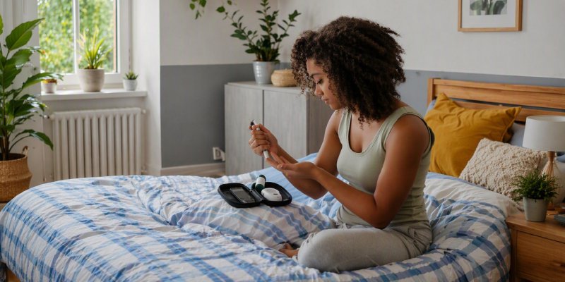 Girl sitting on bed testing her blood sugar level with a diabetes finger-pricking test kit, surrounded by cushions and plants with a sunny window and outdoor foliage in the background