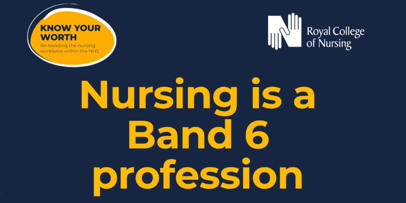 Know Your Worth Nursing is a Band 6 profession (navy background, yellow font, and Know Your Worth logo in an orange oval swirl in the top left-hand corner) RCN logo in white in the top right-hand corner 800x400