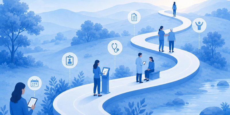 Patient flow depicted as health care professionals reading and inputting notes and data along a winding path with trees and bushes along the side and hills in the distance - stethoscope and other icons portray the health care element and halfway along a patient is sitting on a bench with a male health care professional in blue scrubs talking to them
