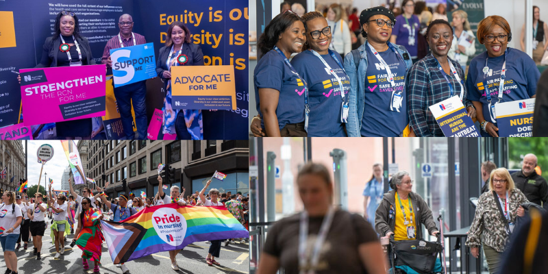 A grid showing 4 photographs of RCN members attending Congress and London Pride.