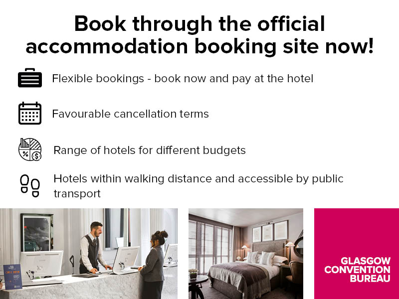 Poster announcing accommodation booking for a conference by Glasgow Convention Bureau. Includes images of a hotel reception and bedroom.