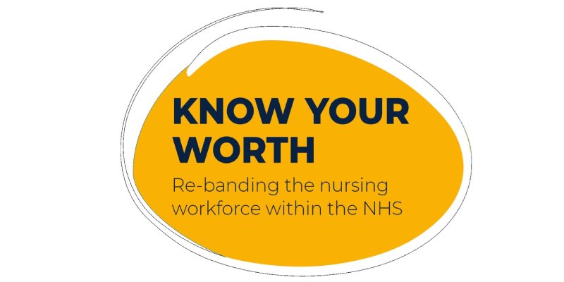 Orange background inside a pen-stroke-style scribbly light grey swirl of a landscape oval. Inside over the mustard-orange background is navy font. In bold large letters say: 'KNOW YOUR WORTH' and underneath in non-bold, smaller lower-capped font, are the words 're-banding the nursing workforce within the NHS'. The colour is a key feature of the RCN's NHS job evaluation campaign branding 800x400