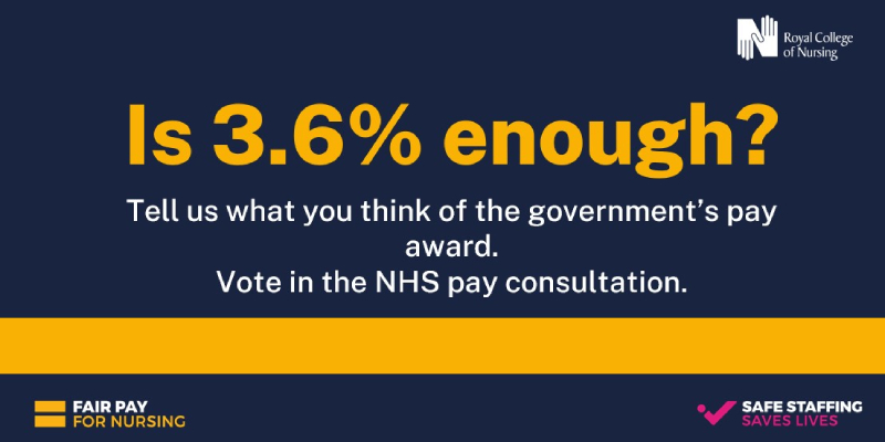 Is 3.6% enough? Tell us what you think of the government's pay award. Vote in the NHS pay consultation. Is 3.6% enough? Tell us what you think of the government's pay award. Vote in the NHS pay consultation.