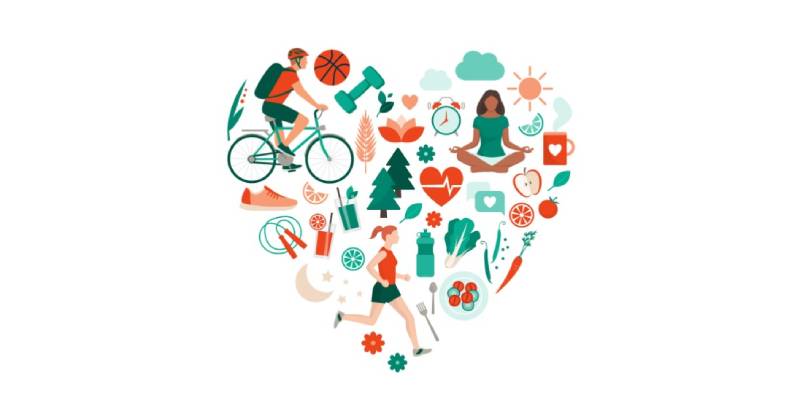 wellbeing heart made up of cartoon images of healthy activities such as running and yoga and sunshine and cycling and skipping rope and clocks and favourite mugs and trees and leafy greens etc wellbeing heart made up of cartoon images of healthy activities such as running and yoga and sunshine and cycling and skipping rope and clocks and favourite mugs and trees and leafy greens etc