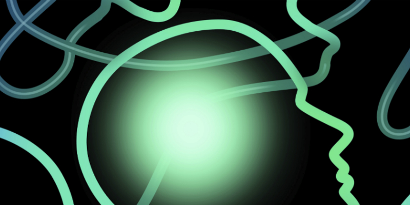 Mental health graphic Outline of a head with a glowing circle to represent the brain