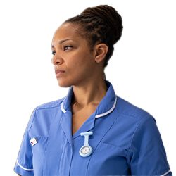 A nurse looking stressed.