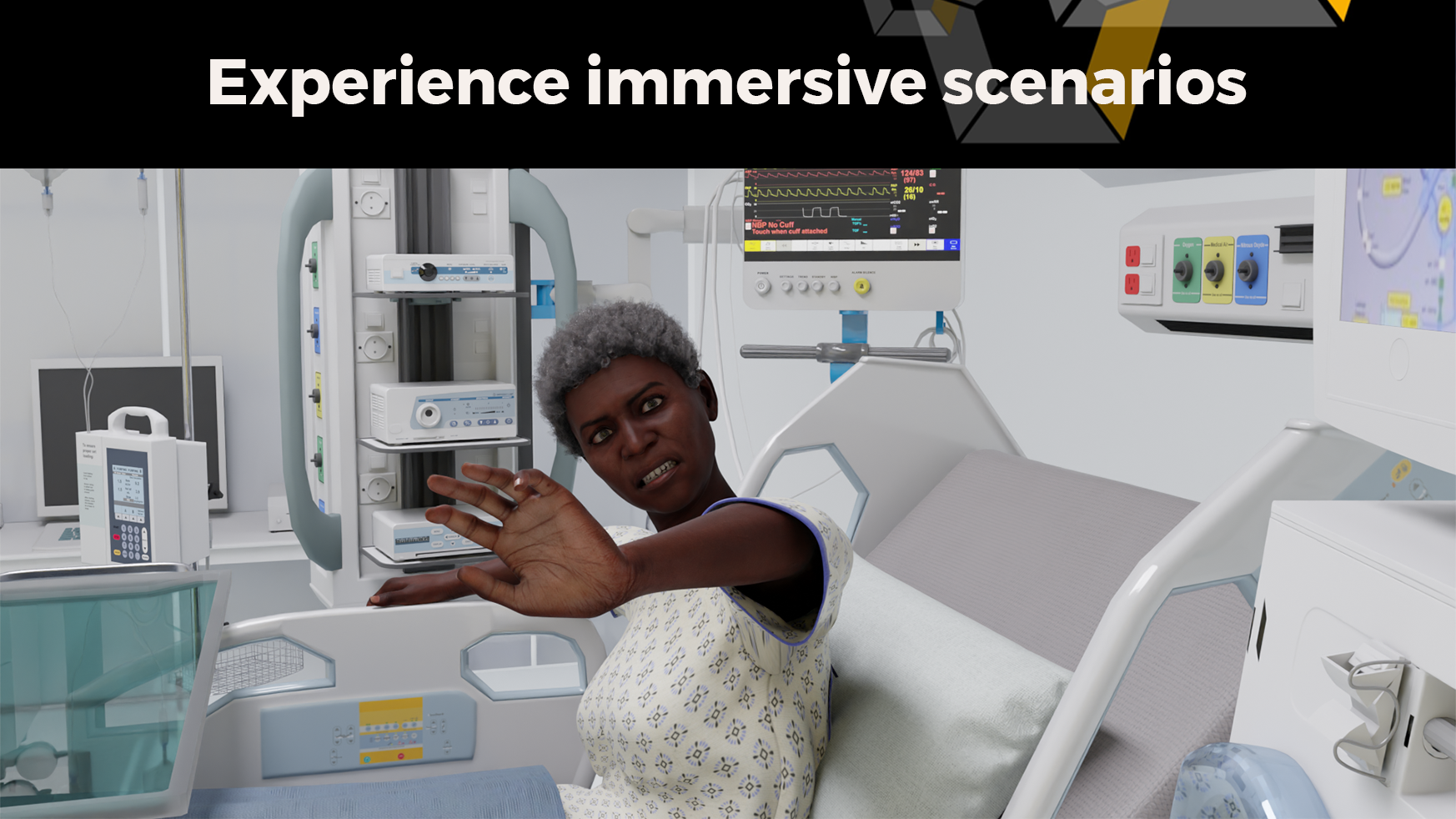 A patient is sitting up in a hospital bed with one arm raised toward the camera. A text box contains the caption: ”Experience immersive scenarios"