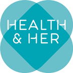 "health and her" logo: the words are in white font on top of 2 light blue hearts