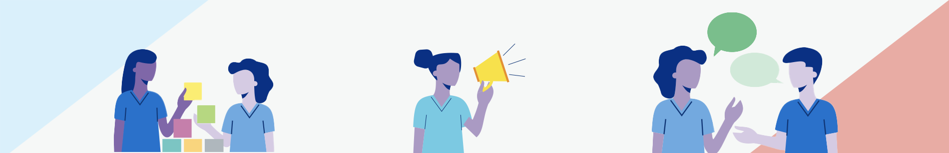 Illustration of nurses and health care workers collaborating—on the left, stacking blocks; in the center, one using a megaphone; and on the right, two engaged in a conversation with speech bubbles.