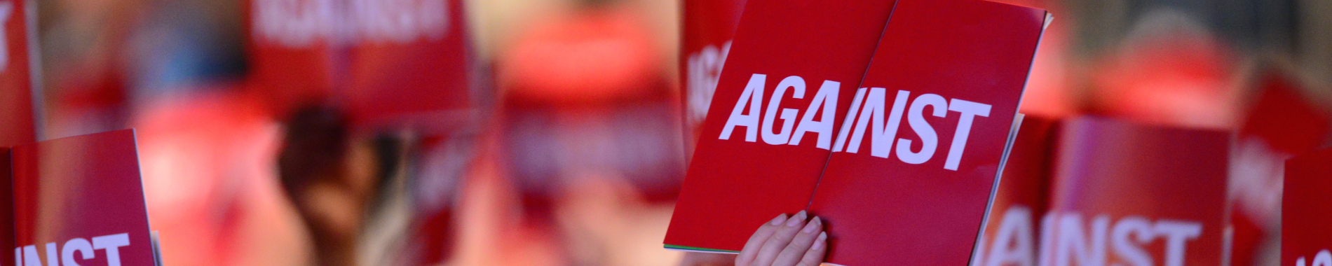 Voting banners reading 'against' held up