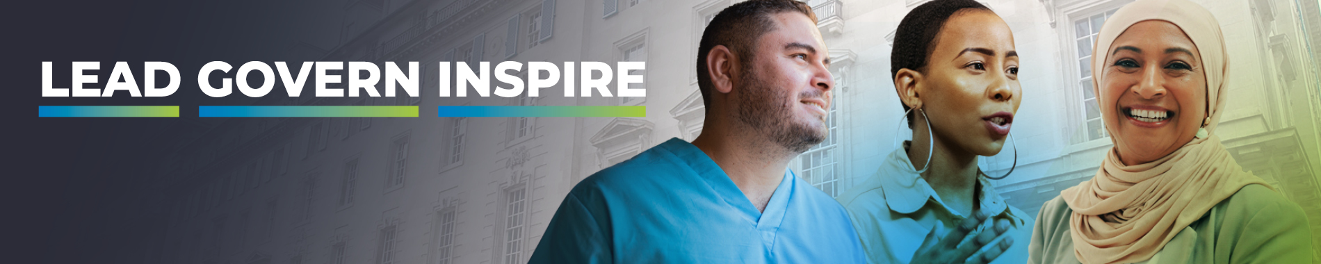 A collage of three members of nursing staff with the text 'lead govern inspire' and the RCN HQ building in the background