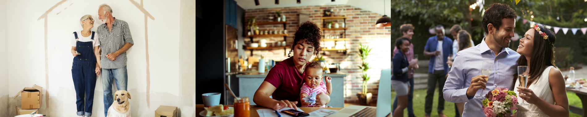 Older couple in new home, woman with baby, newly married couple