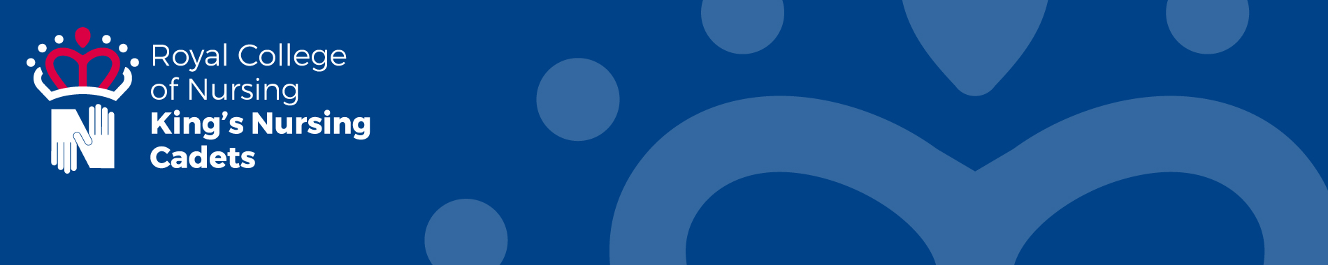 Royal College of Nursing King’s Nursing Cadets promotional banner featuring a bold blue background with abstract geometric elements and a distinctive emblem.