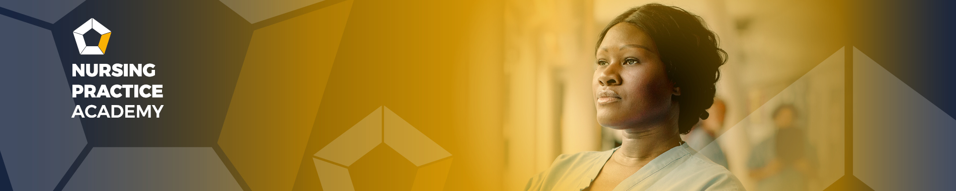 Nursing Practice Academy promotional banner featuring a focused nurse against a gradient blue and gold abstract background with geometric elements.