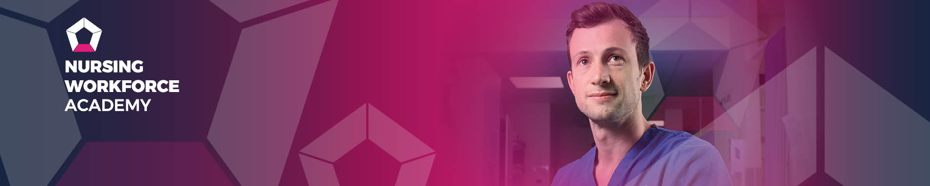 Blue and pink banner featuring a smiling nurse and a logo that reads 'Nursing Workforce Academy'.