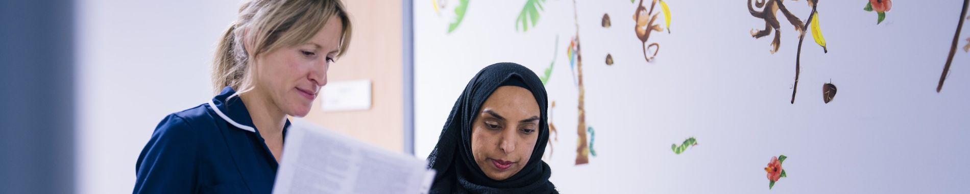 Two nurses discussing patient notes Two nurses discussing patient notes