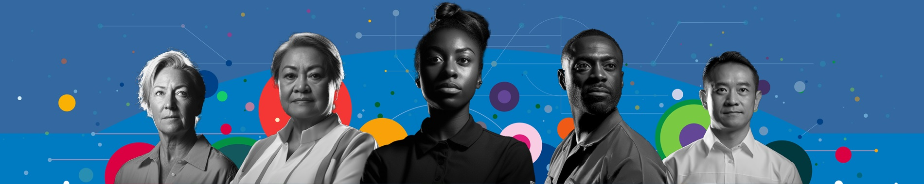 A black and white panoramic portrait of five healthcare professionals of various ages, set against a vibrant blue background with colorful abstract geometric shapes and connecting lines.