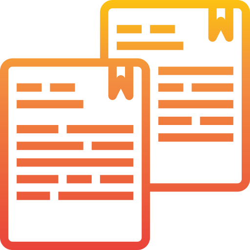 Icon of two stacked documents with text lines and a pen, representing declarations.