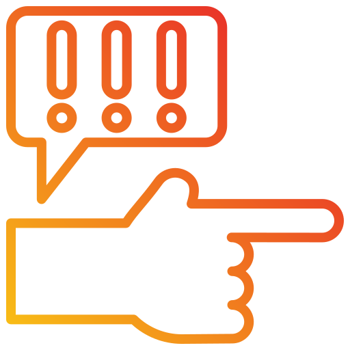 Illustration of a pointing finger and a speech bubble with 3 exclamation marks inside it