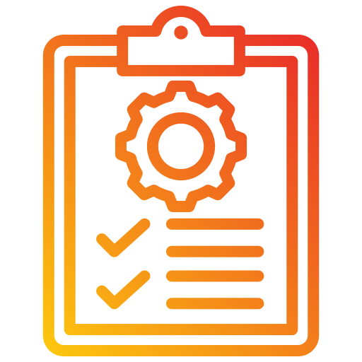 Illustration of a clipboard with a cog, check marks and lines
