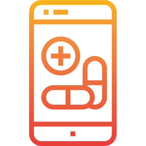A graphic of a smartphone which features pills and a plus symbol on the screen.