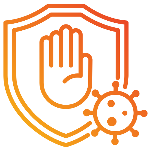 A graphic of the palm of a hand inside a shield, with the depiction of a virus outside.