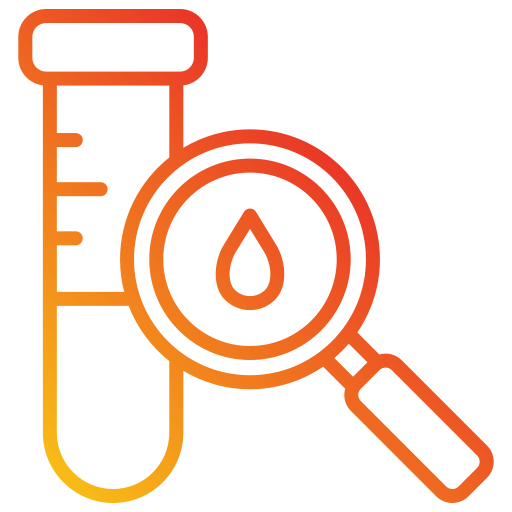 An icon of a magnifying glass examining a test tube containing a drop of liquid.