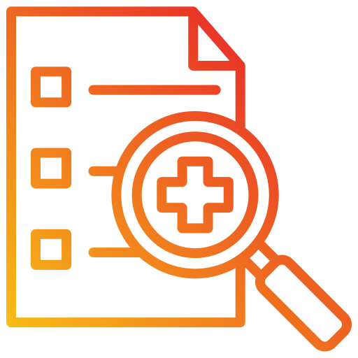 An icon of a magnifying glass with a medical cross symbol over a checklist document.