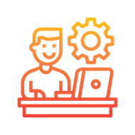 Illustration of a man working on a computer with a cog wheel behind him