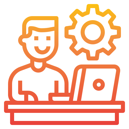 Illustration of a man at a computer with a cog beside him