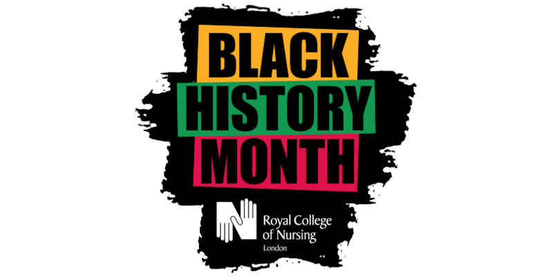 Logo with the words black history month written in yellow, green and pink then the Royal College of Nursing logo