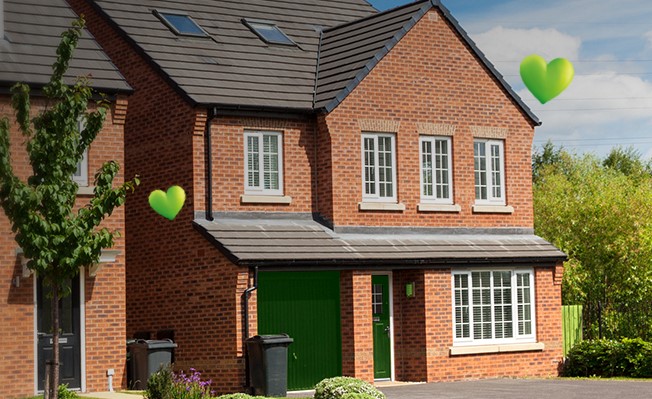 LV landlord insurance large detached house with two floating green hearts