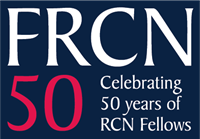 Dark blue background with bold white letters "FRCN" at the top. Below is a red "50" and white text that reads "Celebrating 50 years of RCN Fellows"