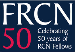 Dark blue background with bold white letters "FRCN" at the top. Below is a red "50" and white text that reads "Celebrating 50 years of RCN Fellows"