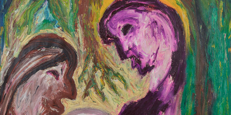 Painting called "The Well", showing two colourful figures.