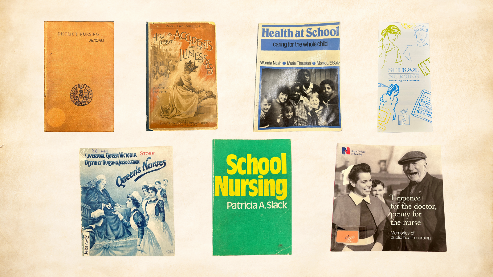 Covers of seven books from the history of nursing on brown background.