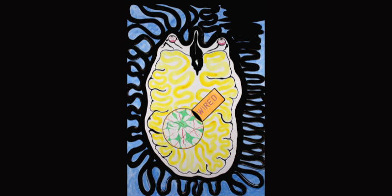 Drawing of a brain with the word "wired" inside.