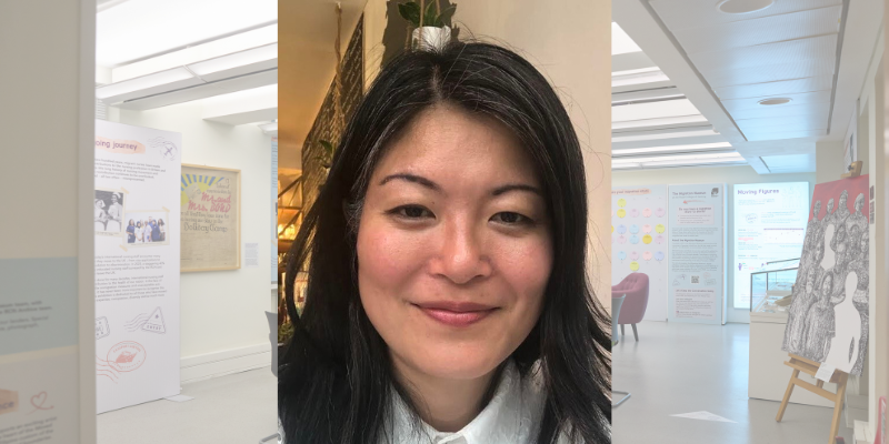 Jennifer Wong, a woman from Hong Kong with dark hair smiles. Another more transparent image is pasted behind the one of Romalyn, showing an exhibition space with informational panels and artwork.