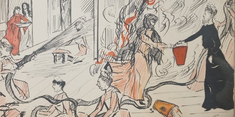 Cartoon by Ada Bois, showing a late 19th century scene from Great Ormond Street Hospital